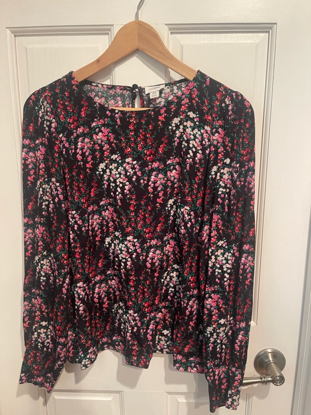 J. Crew Black Floral Long-Sleeve Blouse with Pink and Red Blossoms